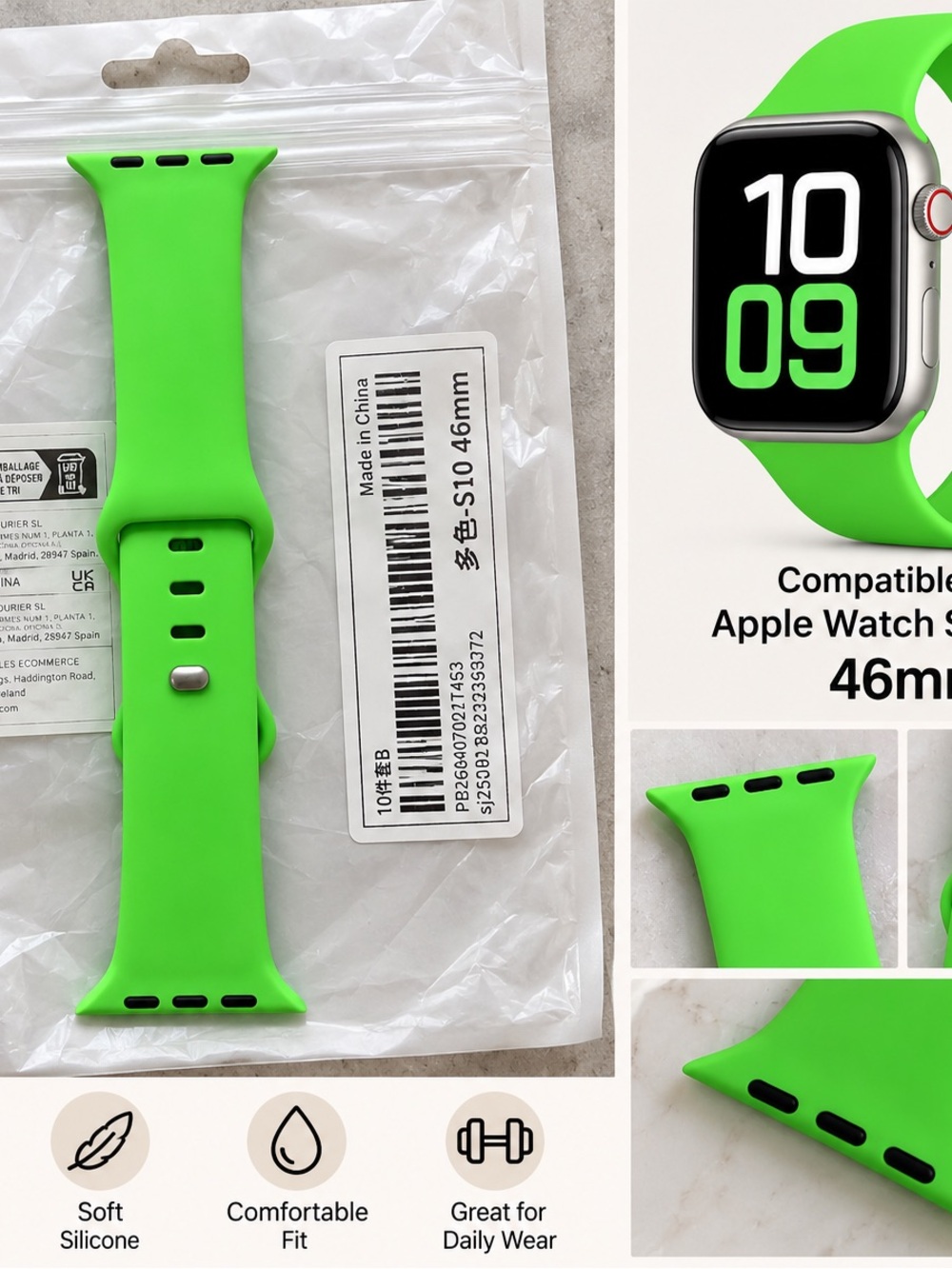 Neon Green Silicone Apple Watch Band 46mm – Series 10 Compatible